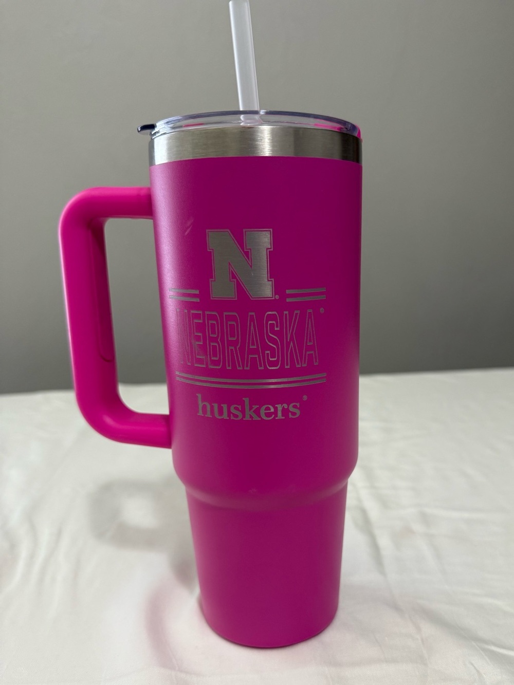 Nebraska Huskers Pink Insulated Travel Tumbler with Handle